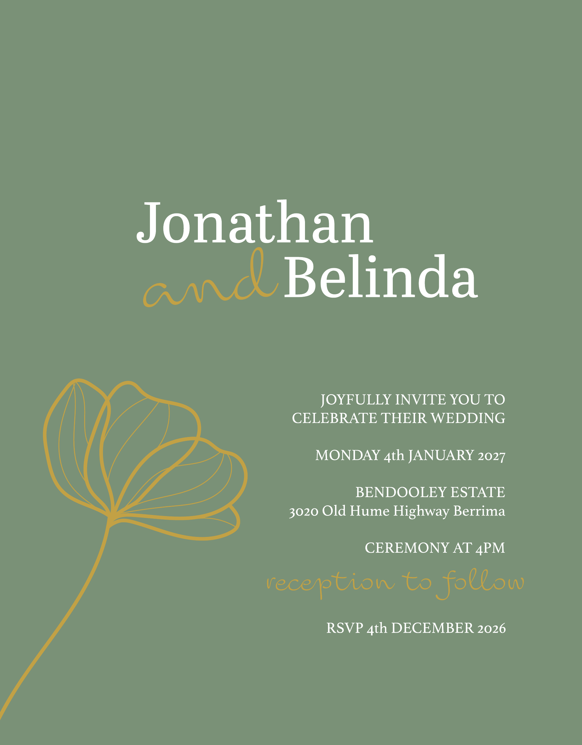 Wedding invitation for Jonathan and Belinda — Monday 4th January 2027, Bendooley Estate, ceremony at 4pm
